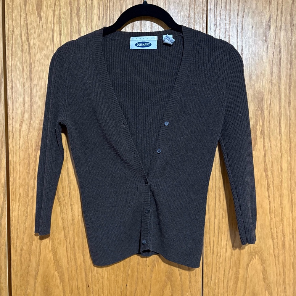 Old Navy Y2K 2000s ribbed v neck stretch cardigan 3/4 sleeve fitted twee preppy